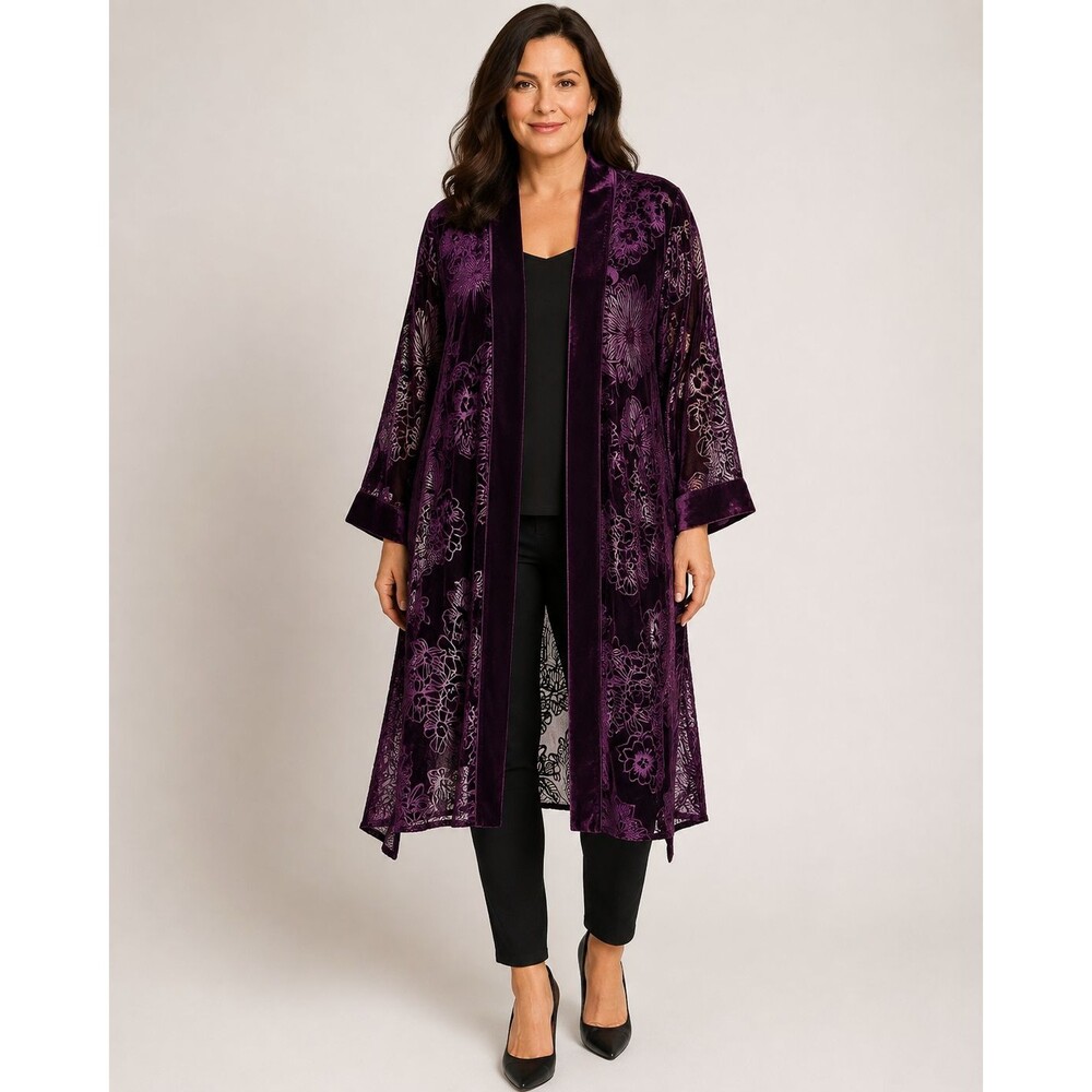 Chico’s Purple Floral Burnout Velvet Duster Jacket S/M Long Open Front NWT